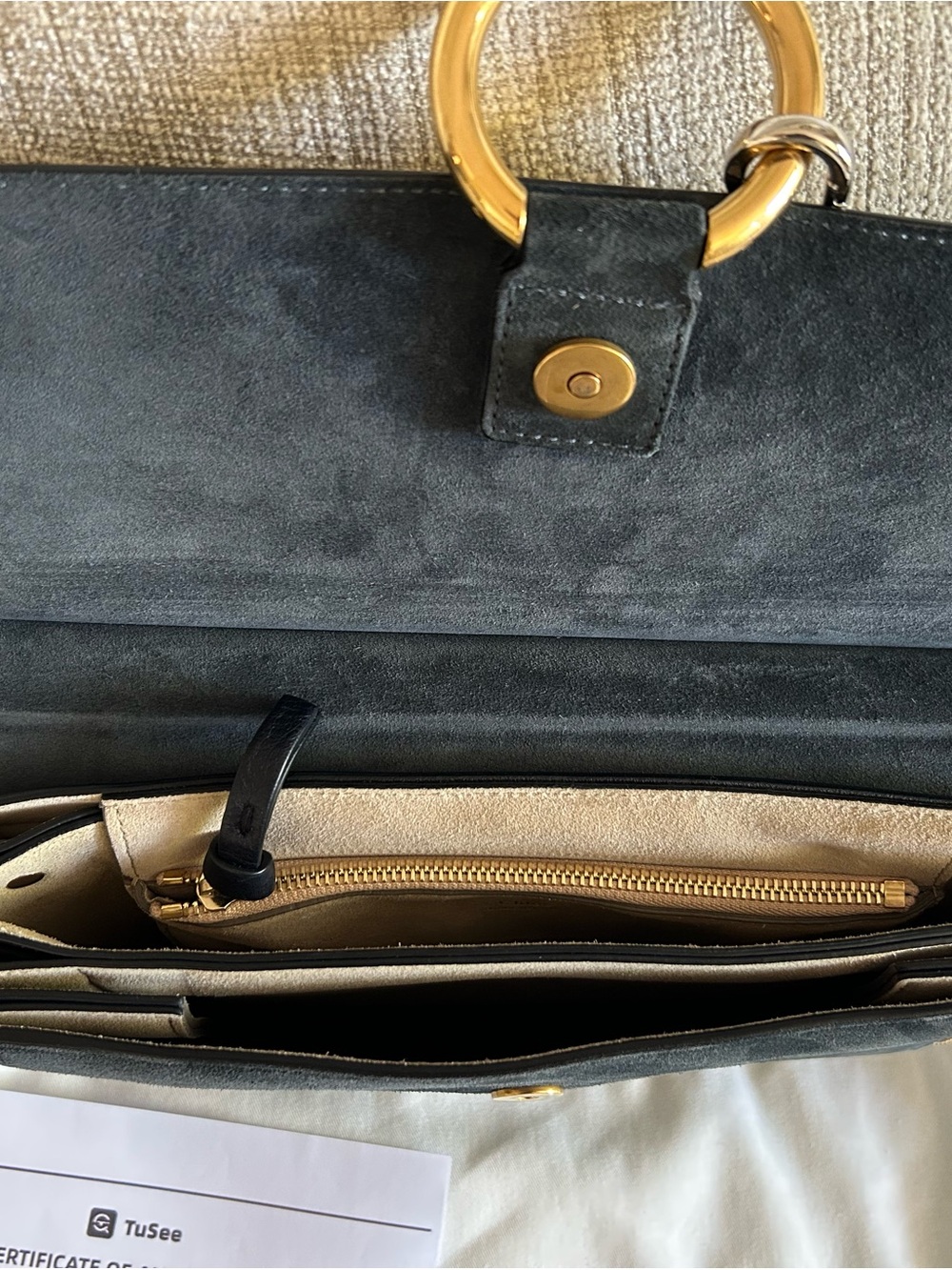 Chloé Navy Medium Studded Faye Suede Shoulder Bag with Gold Ring & Chain - Picture 15 of 16